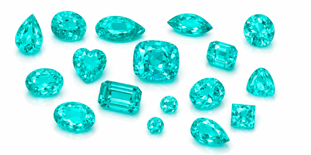 turmalinas paraíba em diferentes formatos na cor azul neon