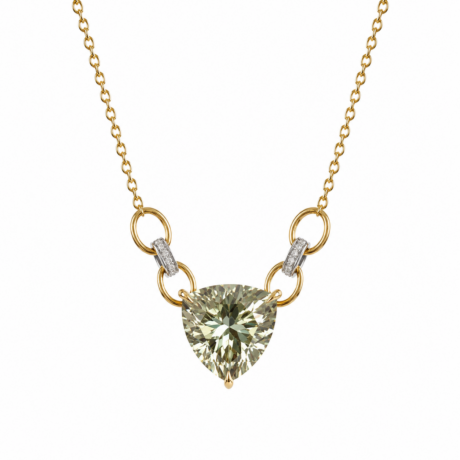 colar em ouro amarelo com detalhes em ouro branco e diamantes com prasiolita ao centro